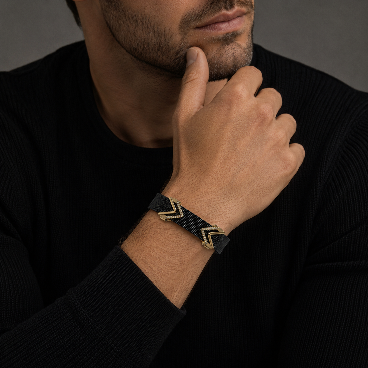 Valor Chevron V-Link Male Bracelet – A Bold Symbol of Strength — on-model view