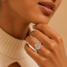 Haloed Pear Splendor Diamond Ring A Tear of Elegance and Enchantment — on-model view